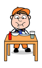 Eating Dinner - Retro Cartoon Carpenter Worker Vector Illustration