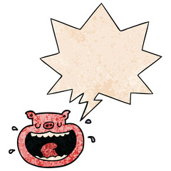 cartoon obnoxious pig and speech bubble in retro texture style