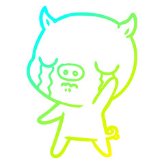 cold gradient line drawing cartoon pig crying waving goodbye