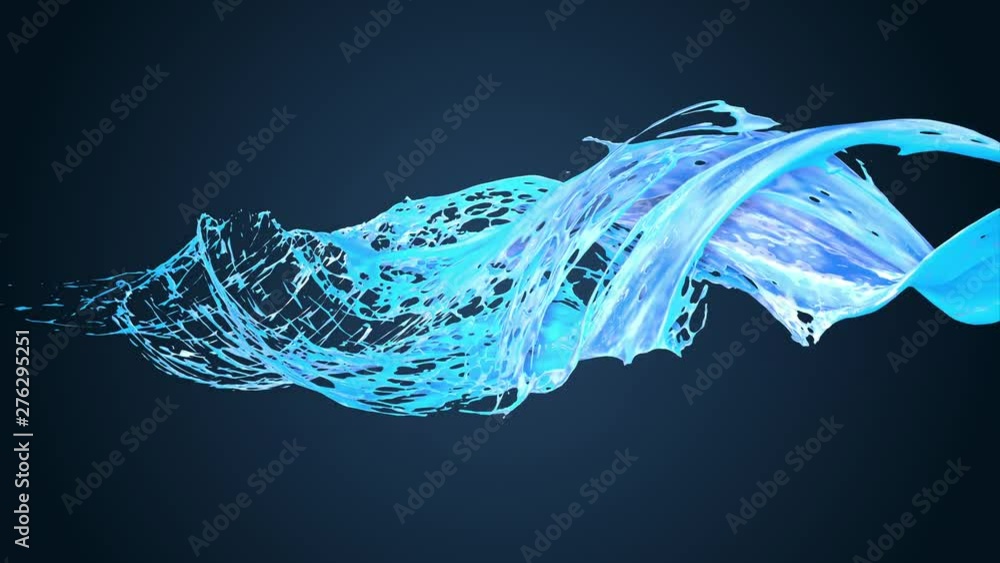 Poster 4k blue splash moves past the camera in slow motion in cartoon style. 3d animation of liquid with lu