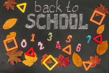 Back to school concept. School and office supplies on blackboard background.