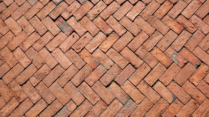 Walkway outside the building made of bricks.The exterior walkway pattern is decorated with red brick.