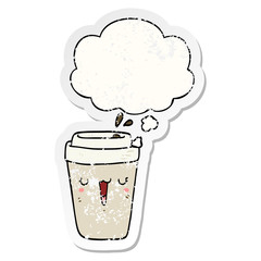 cartoon coffee cup and thought bubble as a distressed worn sticker