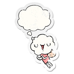 cute cartoon cloud head creature and thought bubble as a distressed worn sticker