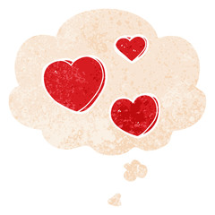 Obraz premium cartoon love hearts and thought bubble in retro textured style