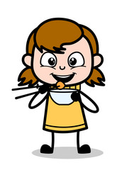Eating Chinese Food with Chopsticks - Retro Cartoon Girl Teen Vector Illustration