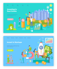 Obraz premium Investing in startup wit good roi vector, people with business project, money and gold coins, magnet for money, invest in real estate and building field. Website or webpage, money startup rocket