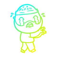 cold gradient line drawing cartoon bearded man crying