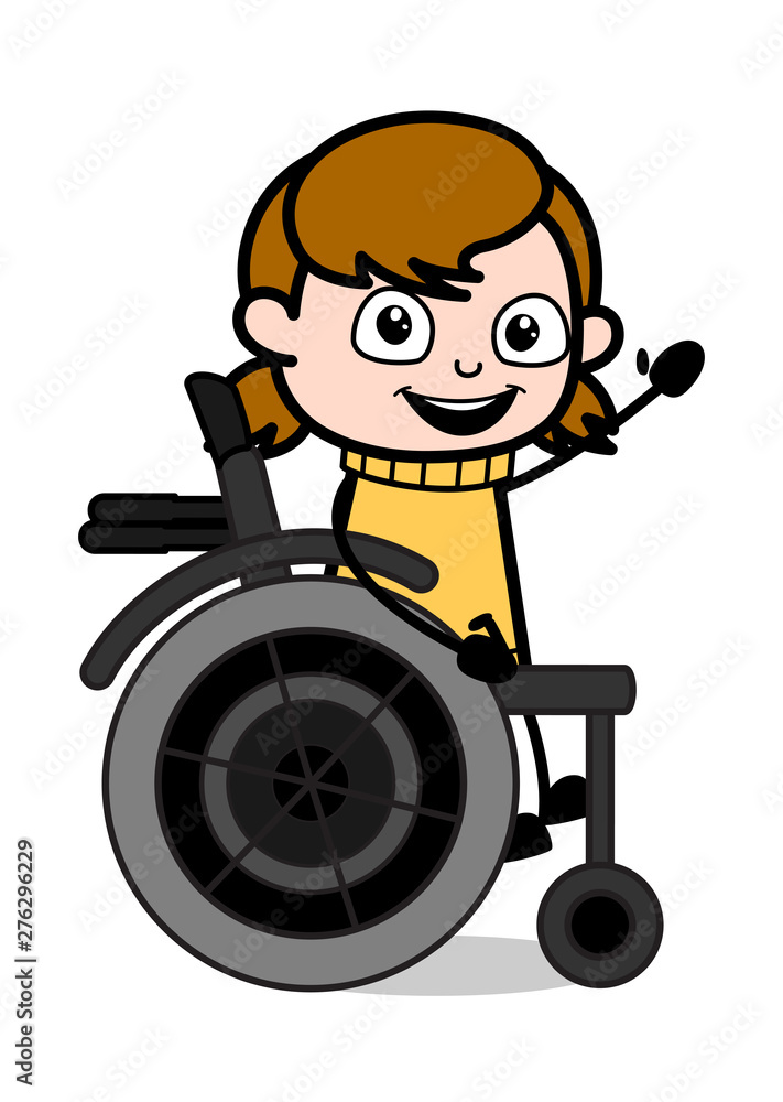 Wall mural patient seated on a wheel chair and gesturing with hand - retro cartoon girl teen vector illustratio