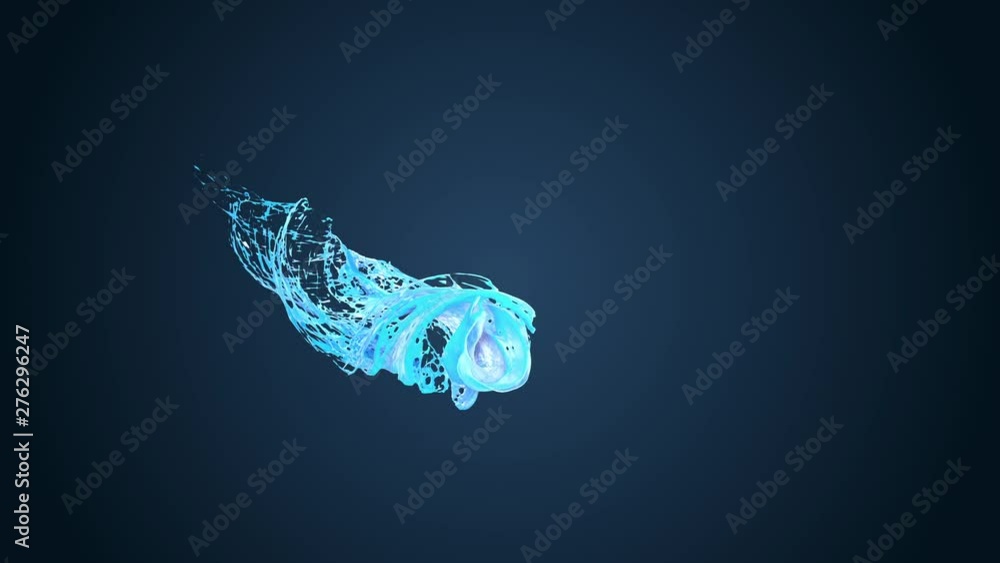 Poster 4k blue splash moves past the camera in slow motion in cartoon style. 3d animation of liquid with lu