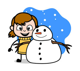 Standing with Snowman - Retro Cartoon Girl Teen Vector Illustration