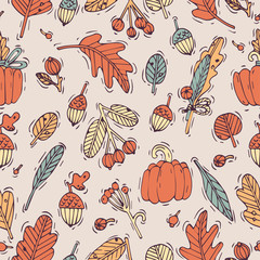 Vector seamless autumn design patte. Pattern or background for wrapping paper or package. Fall icons.