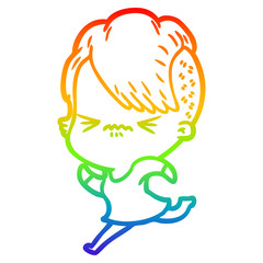 rainbow gradient line drawing cartoon annoyed hipster girl