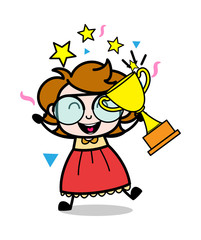 Happy to Get Trophy - Teenager Cartoon Intelligent Girl Vector Illustration