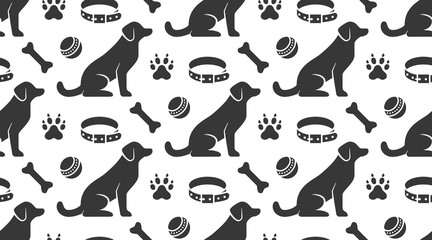 Pet shop vector seamless pattern with flat icons of sitting dog, collar, paw, toy ball and bone. Black puppy silhouette on white color background, animal wallpaper for veterinary clinic
