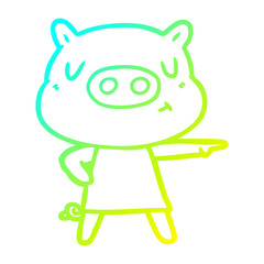 cold gradient line drawing cartoon content pig in dress pointing