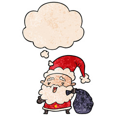 cartoon santa claus with sack and thought bubble in grunge texture pattern style