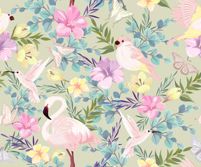 seamless pattern with tropical birds and plants