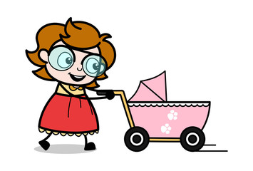 Obraz na płótnie Canvas Holding a Baby Stroller and Walking - Teenager Cartoon Intelligent Girl Vector Illustration
