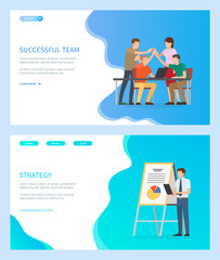Successful team vector, people at work dealing with working tasks, office workers, strategy of businessman showing info on whiteboard infocharts. Website or webpage template, landing page flat style