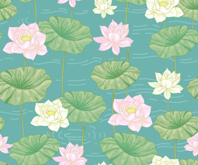 Seamless pattern with lotus flowers in the pond