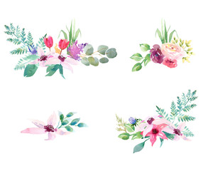 Collection spring Wedding romanric watercolor bouquet. Hand drawing watercolor blue pink and purple flowers ornament