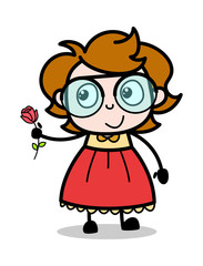 Presenting a Rose - Teenager Cartoon Intelligent Girl Vector Illustration