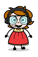 Listening Music with Headphone - Teenager Cartoon Intelligent Girl Vector Illustration