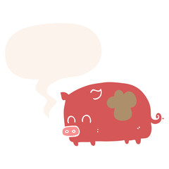 cute cartoon pig and speech bubble in retro style