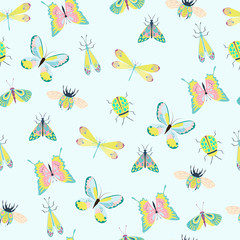 Seamless pattern with insects - beetles, butterflies, moths. Editable Vector illustration