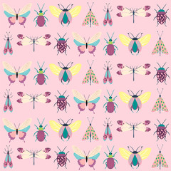 Seamless pattern with insects - beetles, butterflies, moths. Editable Vector illustration