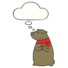 cartoon bear wearing scarf and thought bubble