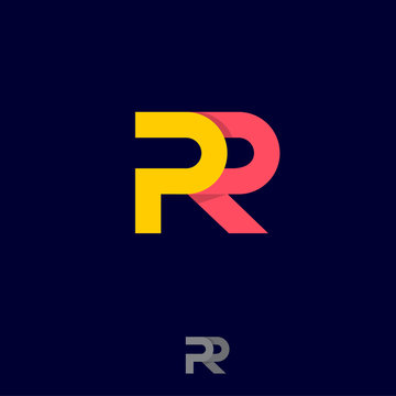 PR logo. Public relations emblem. Monogram consist of yellow and orange ribbons. Origami letters on dark background. Web, ui icon.