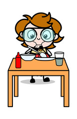 Eating Dinner - Teenager Cartoon Intelligent Girl Vector Illustration