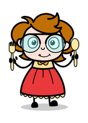 Showing Spoons - Teenager Cartoon Intelligent Girl Vector Illustration