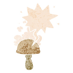 cartoon mushroom with spore cloud and speech bubble in retro textured style