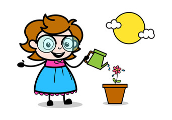 Giving Water to the Plant in Happy Mood - Teenager Cartoon Intelligent Girl Vector Illustration