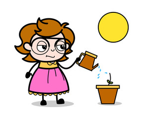 Giving Water to a Tiny Plant - Teenager Cartoon Intelligent Girl Vector Illustration