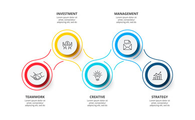 Thin lines with color circles for business infographic. Abstract elements for presentation with 5 steps.