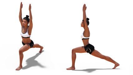 Front three-quarters and Left Profile Poses of a Woman in Yoga Warrior One Pose