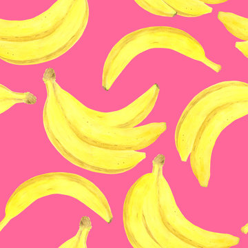 Watercolor banana seamless pattern. Hand drawn fresh healthy dieting food illustration on bright pink background for package design, textile, wrapping, menu, scrapbooking.