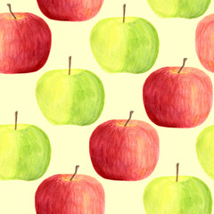 Watercolor apples seamless pattern isolated on pastel yellow background. Hand drawn red and green fruits for packaging, menu design, scrapbooking, textile, print, cards, cover, food wrapping.