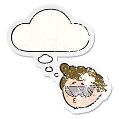 cartoon boy wearing sunglasses and thought bubble as a distressed worn sticker