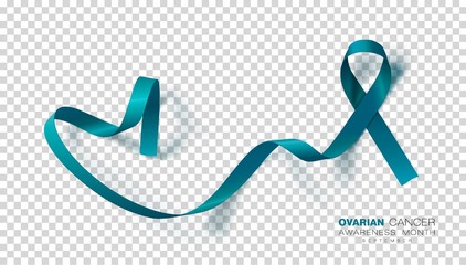 Ovarian Cancer Awareness Month. Teal Color Ribbon Isolated On Transparent Background. Vector Design Template For Poster.