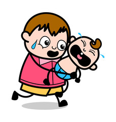 Running with Crying Baby - Teenager Cartoon Fat Boy Vector Illustration