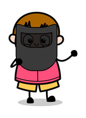 Holding a Welding Mask - Teenager Cartoon Fat Boy Vector Illustration