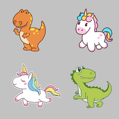 Naklejka premium Cute Character Design of Dinosaur and Unicorn. Concept Art. Realistic Illustration. Video Game Digital CG Artwork. Character Design.