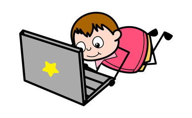 Watching Videos on Laptop - Teenager Cartoon Fat Boy Vector Illustration