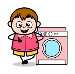Presenting a Washing Machine - Teenager Cartoon Fat Boy Vector Illustration