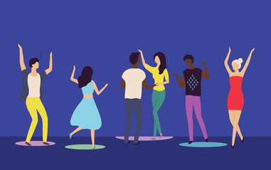 Man and woman characters dancing in nightclub, back and portrait view of moving male and female on dance floor, flat design style of young people vector